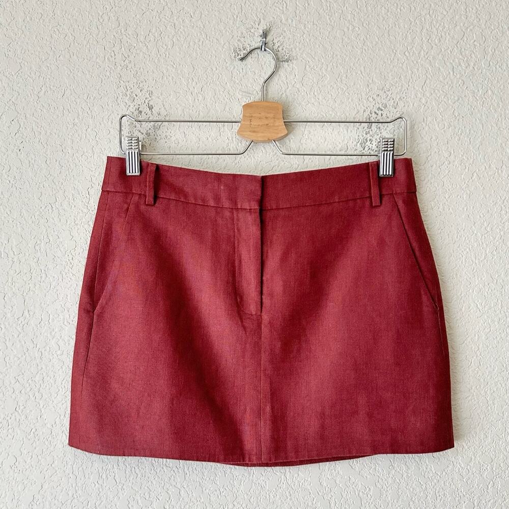 TIBI Fluid Suiting Mini Skirt Maroon Lined Lightweight Linen Preppy